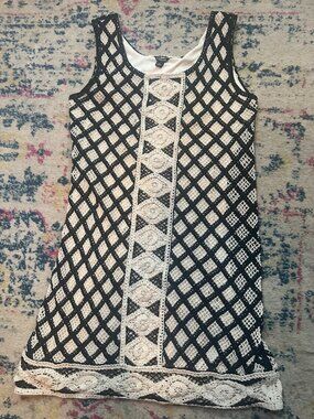 Vintage '90s Y2K Cache Black and Cream Boho Geometric Crochet Mini Dress - L